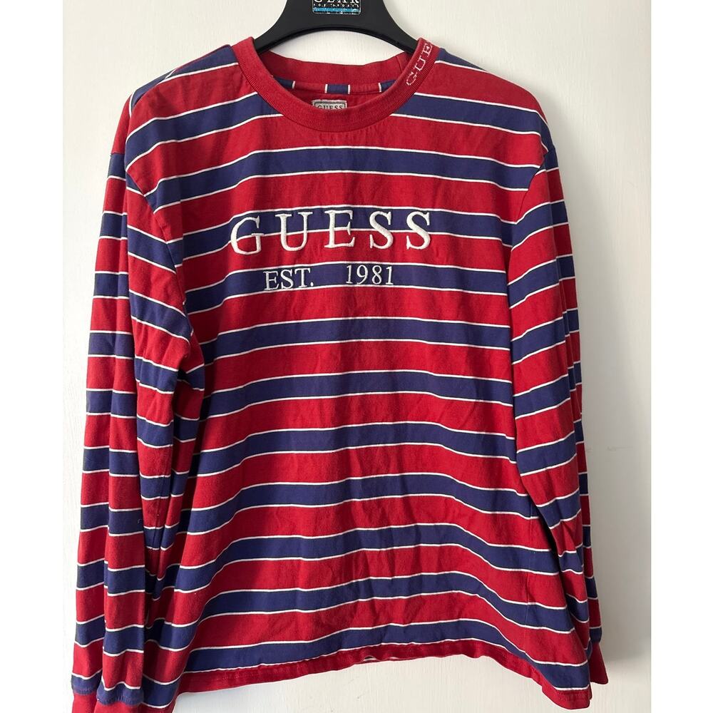 Guess Long Sleeve Striped Tee Shirt Retro 90s Vibe Red Blue Embroidered Large